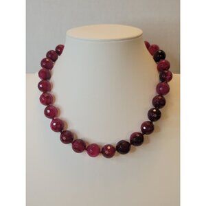 Natural Stone Faceted Red Agate Bead Necklace W/ Magnetic Rhinestone Clasp